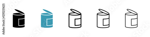 Canned food icons set in black filled and stroke line style