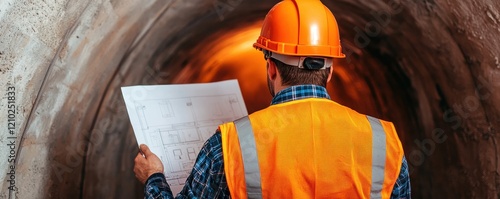 A construction worker in safety gear studies blueprints inside a dimly lit tunnel, ensuring the project adheres to plans. photo