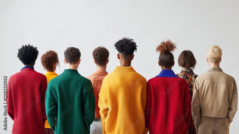 Diverse group of eight individuals showcases vibrant fashion choices in a creative indoor setting Diverse group of eight individuals showcases vibrant fashion choices in a creative indoor setting
