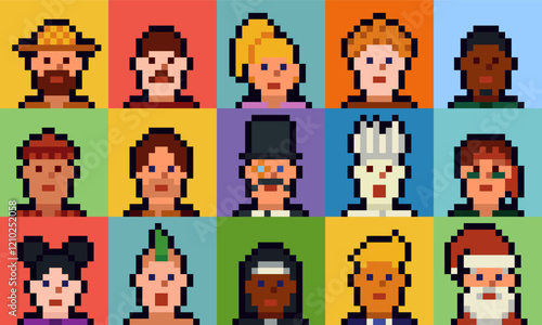 Pixel art characters set of the 8-bit avatar, funny faces in 80-s, NFT. Cartoon vector icon, game user, web profile persons, people, social net portraits