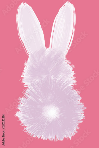 fluffy simple bunny sitting back. Pink cute animal isolated on pink
