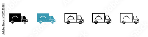 Food truck icons set in black filled and stroke line style