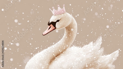 Fototapeta Naklejka Na Ścianę i Meble -  Cute swan princess with pink crown on beige background. Children's illustration, postcard, template for congratulations.