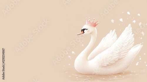 Fototapeta Naklejka Na Ścianę i Meble -  Cute swan princess with pink crown on beige background. Children's illustration, postcard, template for congratulations.