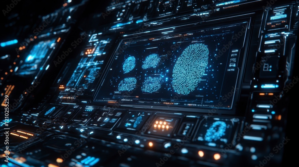 Obraz premium Futuristic Digital Interface Showing Fingerprint Biometric Scans and Data Analysis