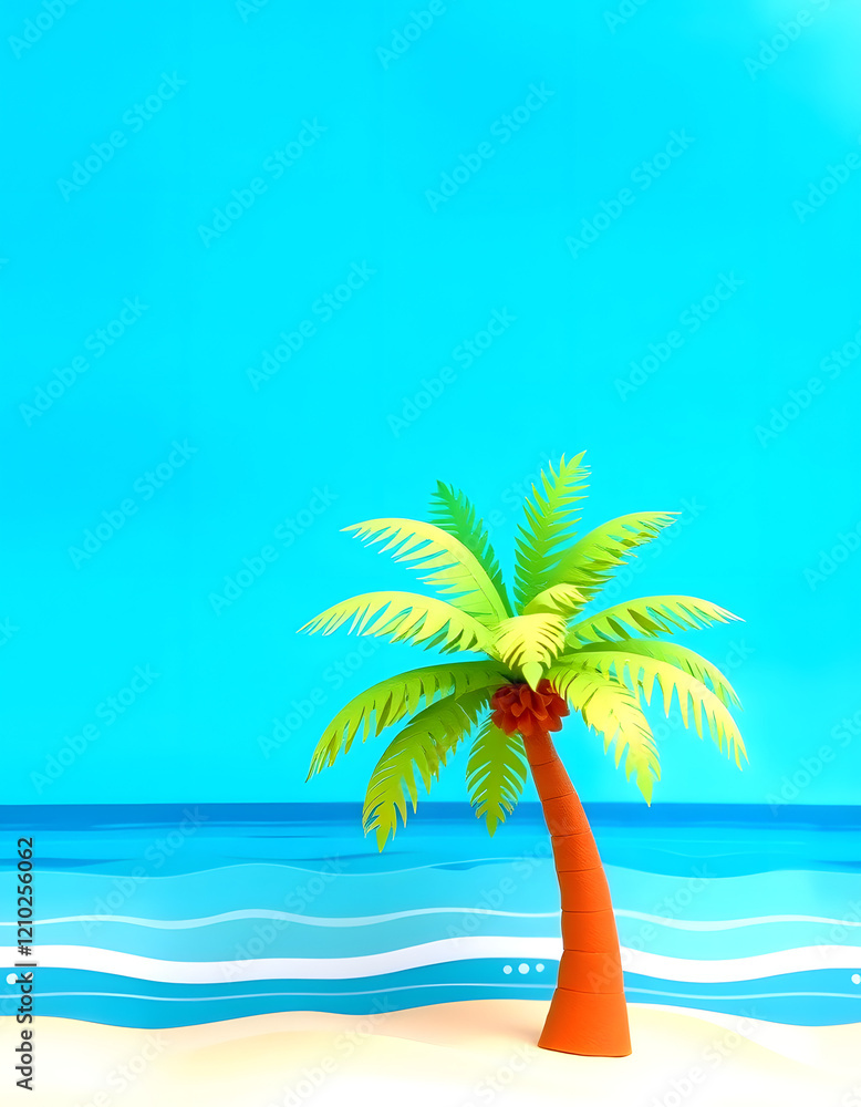 Palm tree on the sand of the beach. Vacation scene with palm on the shore line., papercraft, with white tones Palm tree on the sand of the beach. Vacation scene with palm on the shore line., papercraft, with white tones