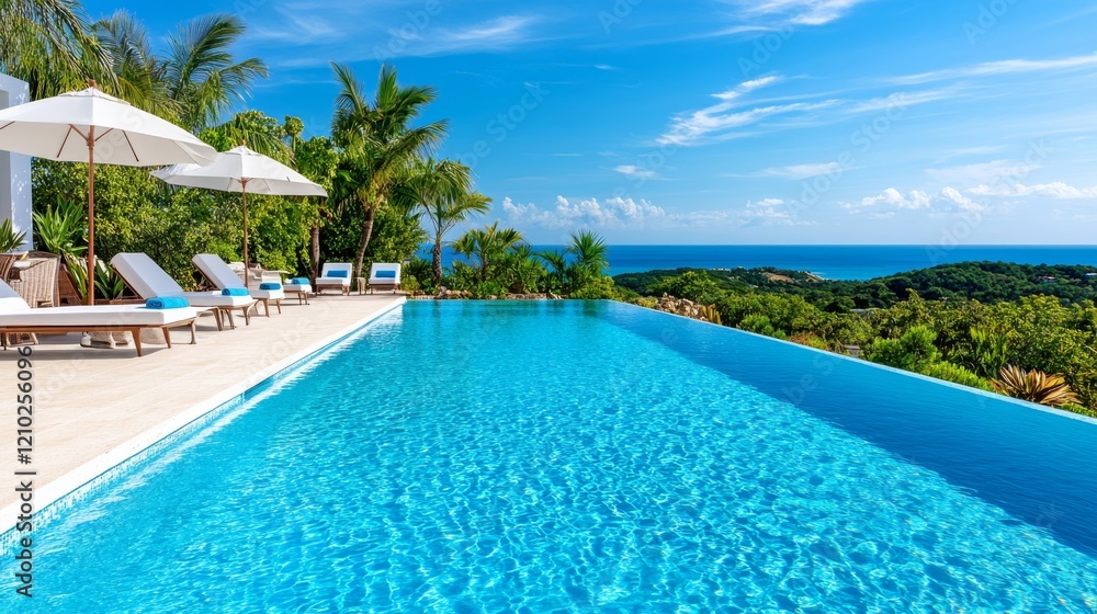 Fototapeta premium Clear blue water in a modern pool with palm trees. A serene pool surrounded by lush tropical beauty
