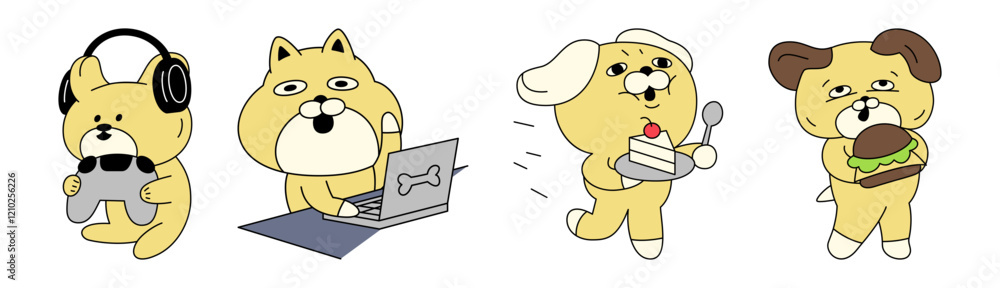 Dog Vector Illustration Template Cartoon Character Design, dog playing games, using a laptop, eating food Dog Vector Illustration Template Cartoon Character Design, dog playing games, using a laptop, eating food