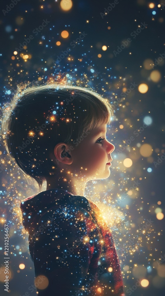 Child glowing with cosmic energy reflecting wonder and imagination in a dreamy background filled with stars and light Child glowing with cosmic energy reflecting wonder and imagination in a dreamy background filled with stars and light