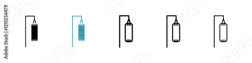 Punching bag icons set in black filled and stroke line style