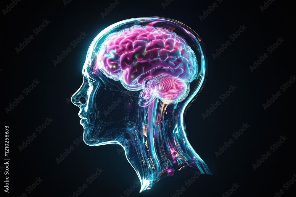 Obraz premium Translucent head showcasing a vibrant glowing brain