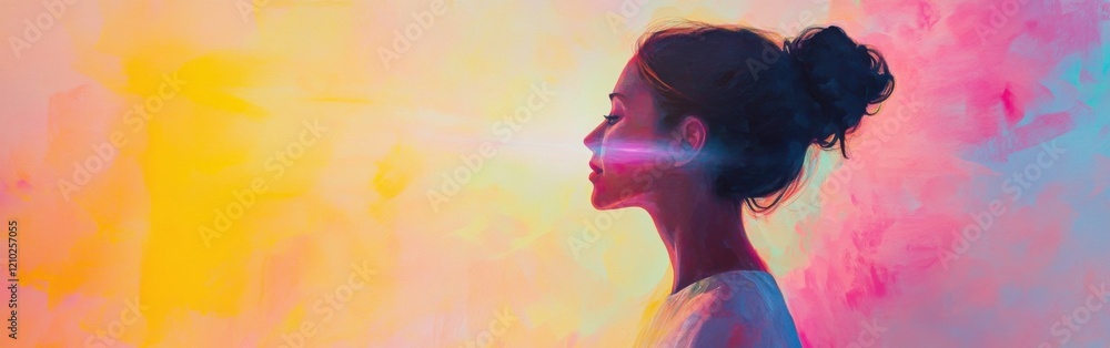 Fototapeta premium Portrait of a serene woman radiating beauty amidst a colorful background in a tranquil setting