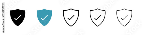 Shield check icons set in black filled and stroke line style