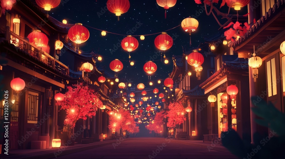 Enchanting Asian Street Scene with Red Lanterns at Night Enchanting Asian Street Scene with Red Lanterns at Night