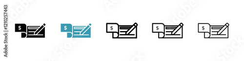 Signing cheque icons collection in black and blue colors