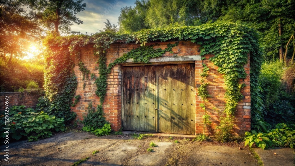 Rustic brick structure with overgrown ivy and weathered wooden doors bathed in golden sunset light Rustic brick structure with overgrown ivy and weathered wooden doors bathed in golden sunset light