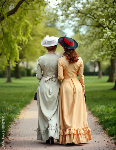 two sisters dressed in Victorian era clothing walk through green park in springtime. The women are dressed in stylish clothes, back side view, created with  Technology, Dreamy, with white tones