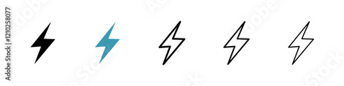 Thunder bolt icons set in black filled and stroke line style