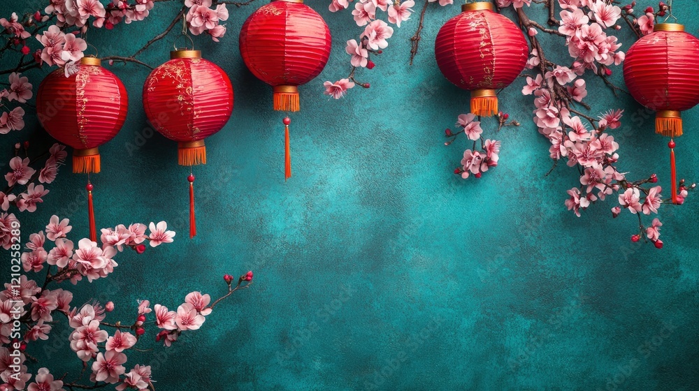 Obraz premium Red Lanterns and Cherry Blossoms Chinese New Year Background