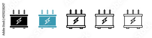 Transformer icon set in black filled and stroke line style.