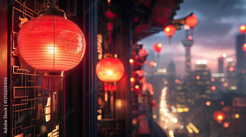 Glowing Red Lanterns Cityscape Night View Glowing Red Lanterns Cityscape Night View