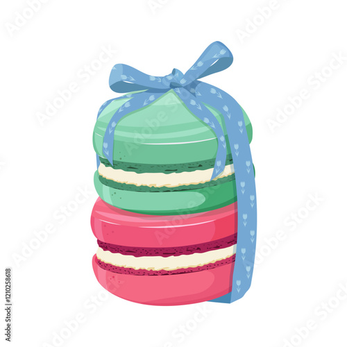 Different tastes and colors macaroons tied with a bow on an isolated background. Vector illustration.
