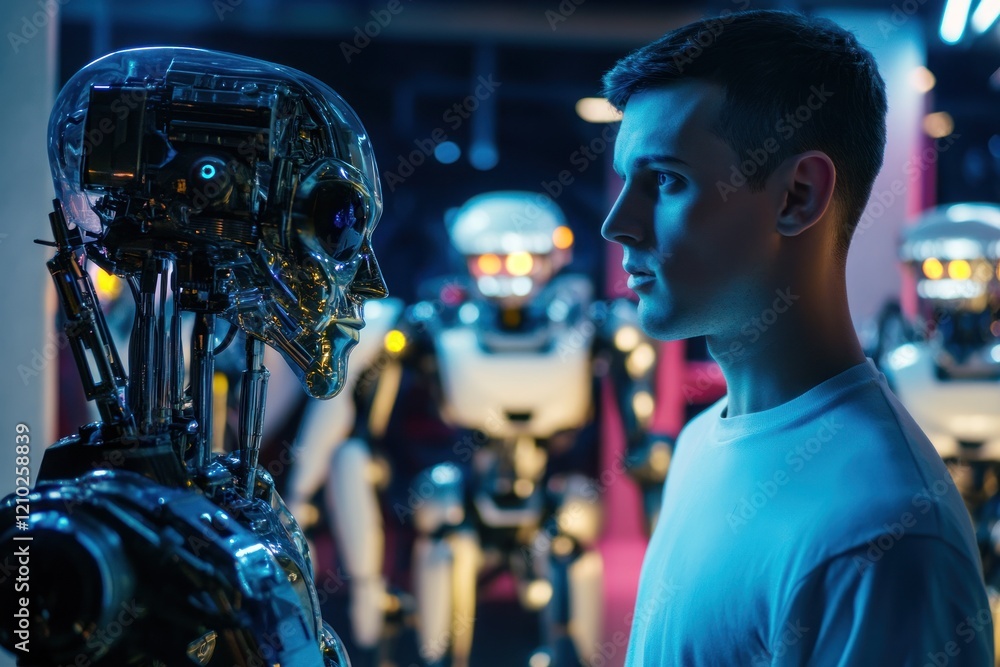 Man and transparent robot in vibrant neon atmosphere. Man and transparent robot in vibrant neon atmosphere.