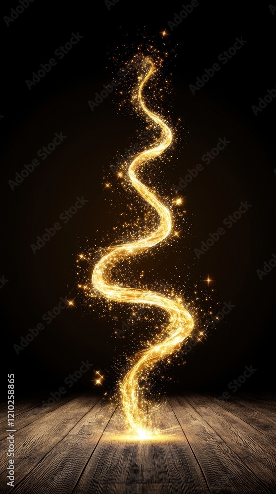Obraz premium Ethereal Golden Sparkle Swirl with Magical Glow and Bright Dust Appearing on Dark Background in a Mystical Atmosphere