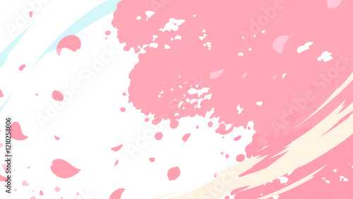 春風が吹いて桜の花びらが舞う背景イラスト_白_16:9