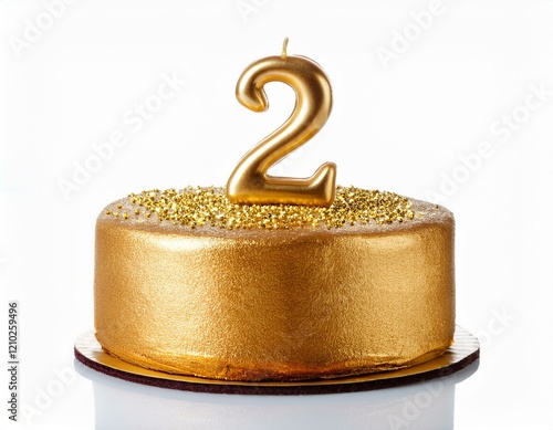 Decorated gold cake for birthday or anniversary party, candle number 2, white background photo