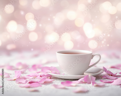 delicate white cup filled with tea rests on saucer, surrounded by soft pink petals. dreamy background features bokeh effect, creating serene and inviting atmosphere