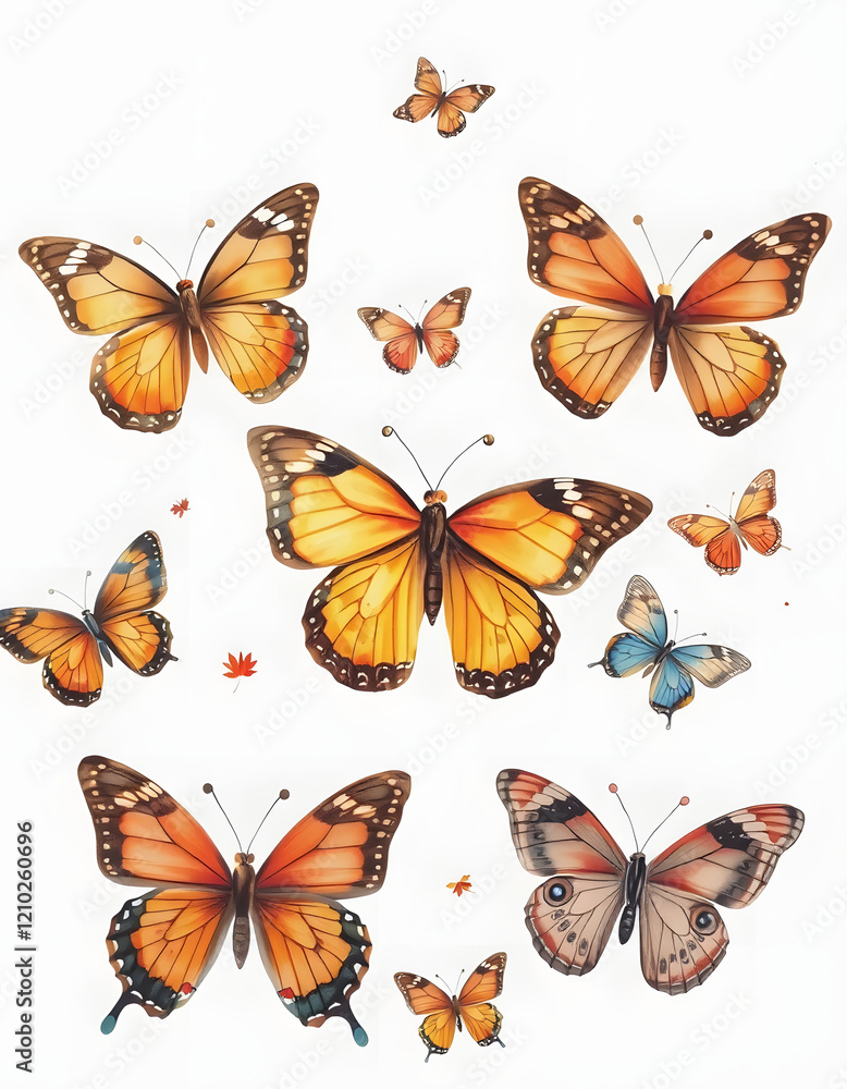 Set of butterflies isolated on a white background. Watercolor Illustration, vintage style. Autumn colors, dreamy atmosphere Set of butterflies isolated on a white background. Watercolor Illustration, vintage style. Autumn colors, dreamy atmosphere
