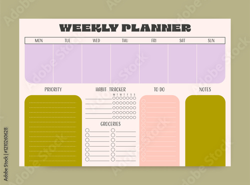 Printable weekly planner. Customizable template for time management. Vector.