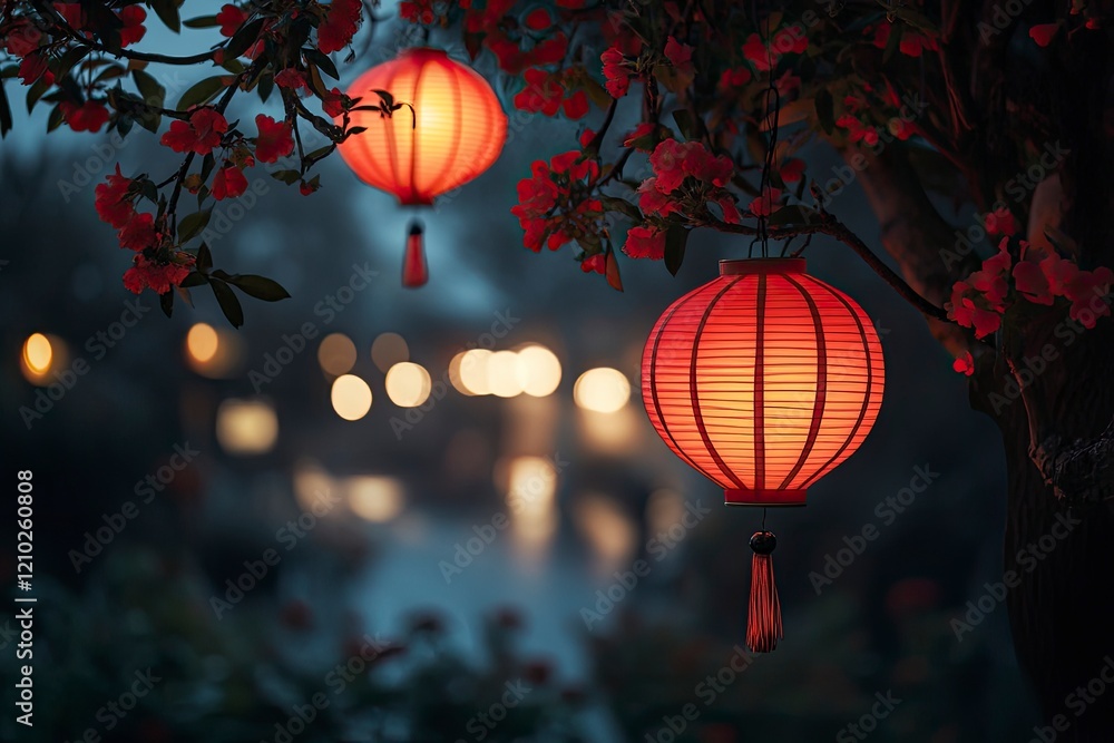 Red Paper Lanterns Hanging Outdoors at Dusk Garden Decor Red Paper Lanterns Hanging Outdoors at Dusk Garden Decor