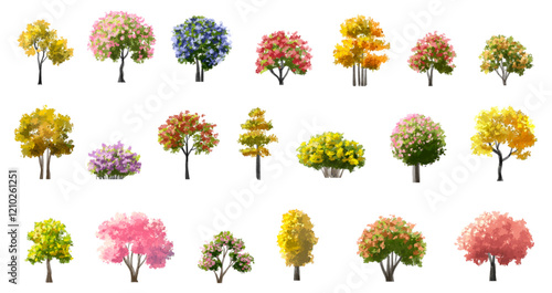 Vertor set of spring blossom tree,blooming plants side view for landscape elevation and section,eco environment concept design,watercolor sakura illustration,colorful season photo