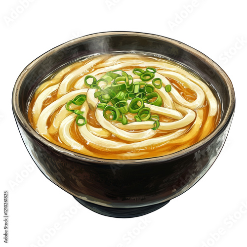 A digital painting depicts a bowl of udon noodles in a rich broth topped with sliced green onions. photo