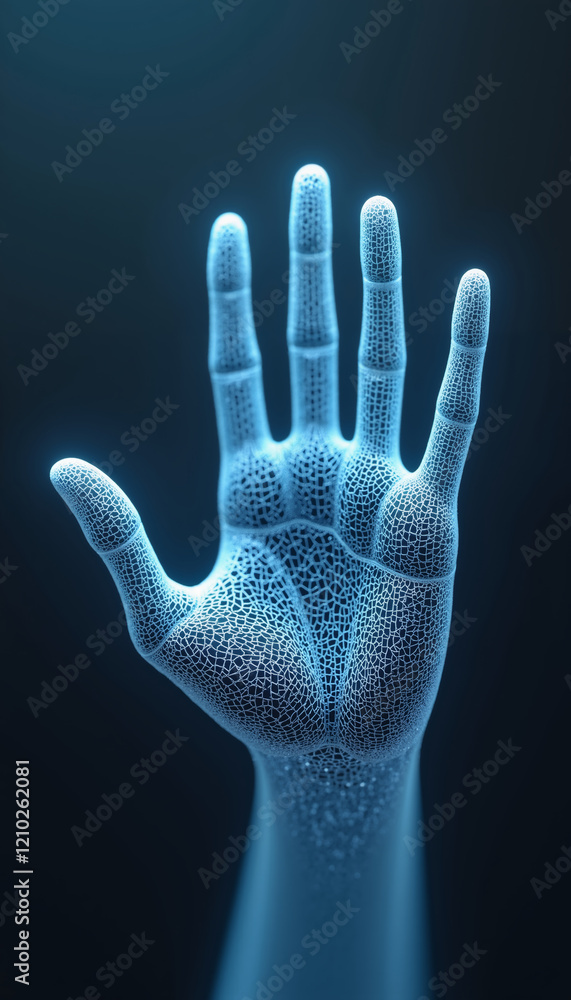 Digital representation of human body and mind showcasing a glowing hand in a futuristic design Digital representation of human body and mind showcasing a glowing hand in a futuristic design