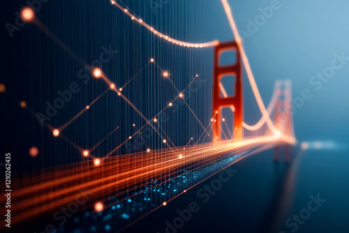 A stylized depiction of the Golden Gate Bridge, illuminated with vibrant lights against a cool blue background, showcasing a blend of technology and artistry.