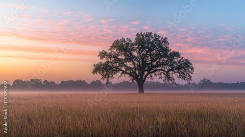 Majestic oak tree stands alone in a misty field at sunrise.