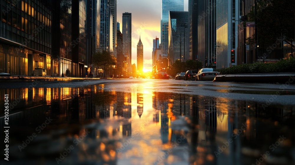Naklejka premium Downtown cityscape with vibrant sunset reflecting light