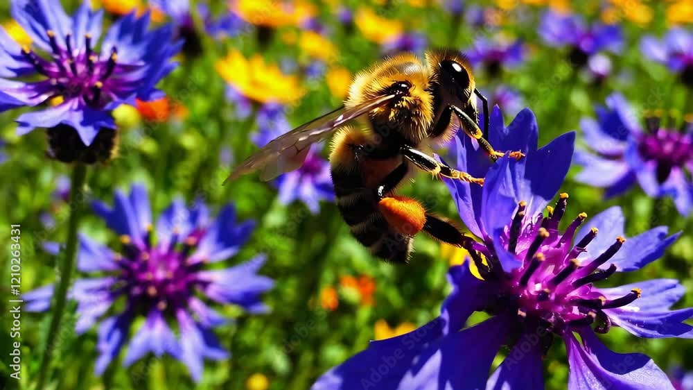 A bee pollinating flowers in a vibrant wildflower meadow A bee pollinating flowers in a vibrant wildflower meadow