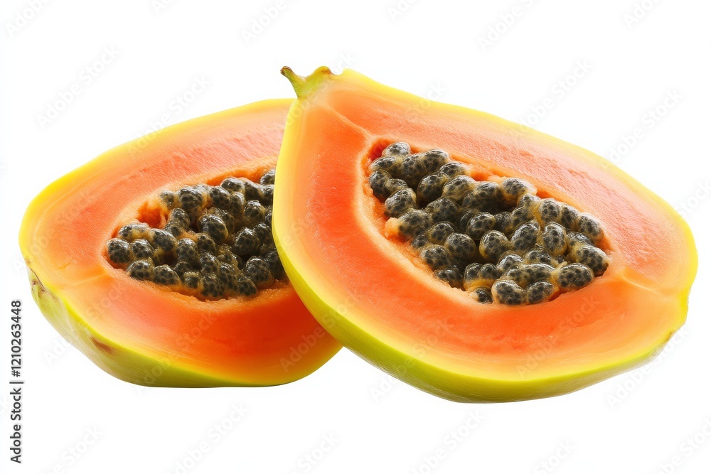 Fresh papaya halves showcase vibrant orange flesh and dark seeds, perfect for healthy eating and tropical recipes. Fresh papaya halves showcase vibrant orange flesh and dark seeds, perfect for healthy eating and tropical recipes.