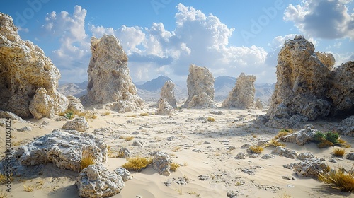 Desert landscape, tufa formations, sunny sky, background mountains, travel poster.