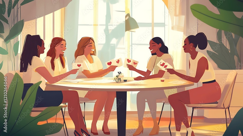 Fototapeta premium Female colleagues exchanging cards with heartfelt messages at a round table in a stylish office