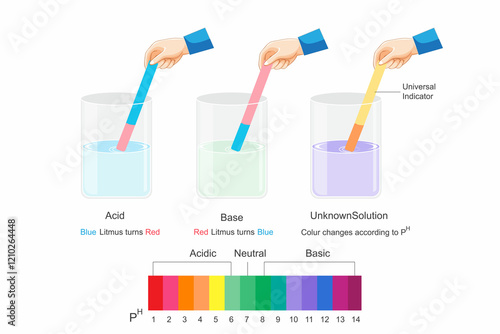 Acid base litmus test. universal indicator. Chemical reactions.