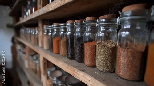 Fototapeta Naklejka Na Ścianę i Meble -  Inviting display of various spices in glass jars arranged neatly on wooden shelves