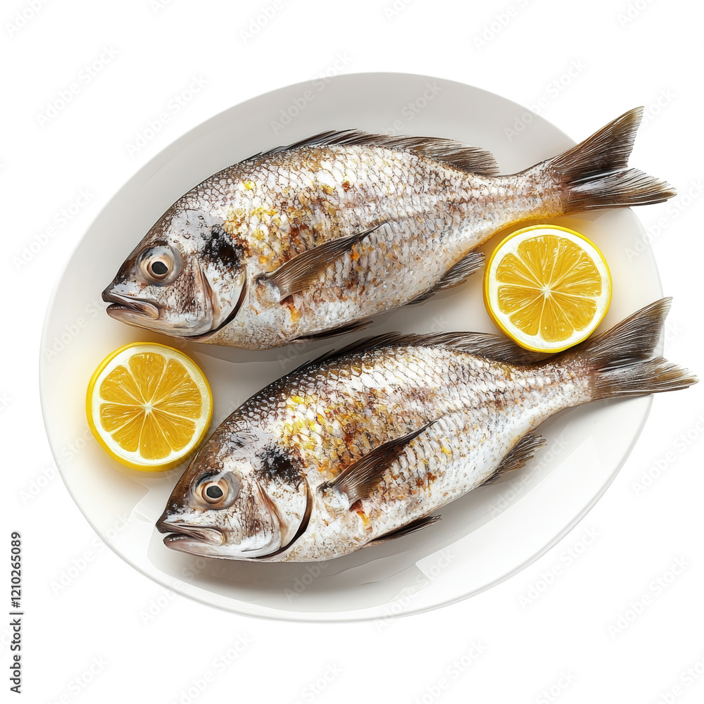 Two whole roasted sea bream fish are arranged on a white plate with lemon slices, creating a visually appealing food presentation. Two whole roasted sea bream fish are arranged on a white plate with lemon slices, creating a visually appealing food presentation.