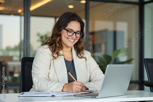 Cheerful young adult woman working at a desk in a modern office, focused on her laptop while taking notes