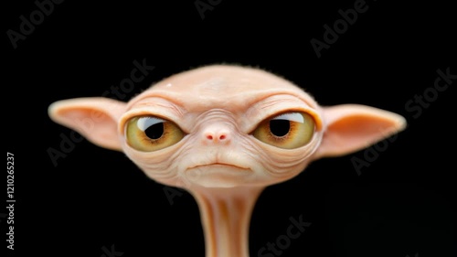 Close-up of a whimsical alien with large expressive eyes on a black background, great for sci-fi, gaming, and creative branding