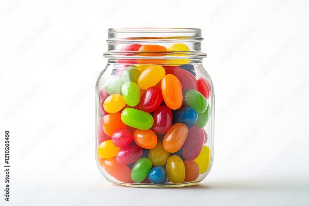 A glass jar filled with colorful jelly beans, showcasing a vibrant assortment of candies in various hues against a light background. A glass jar filled with colorful jelly beans, showcasing a vibrant assortment of candies in various hues against a light background.